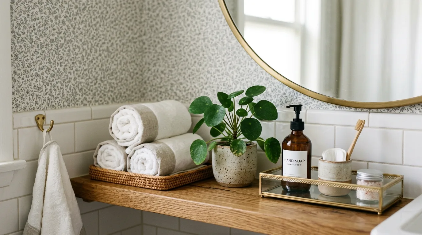 Add slim hardware and minimal accessories inspiration for a small bathroom.